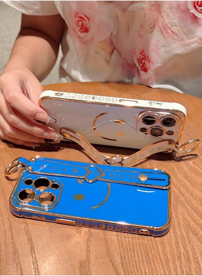 iPhone 14 Pro Max Case for Women,Bling Glitter Plating Smile Face Cover with Strap & Camera Lens Protection Soft TPU Shockproof Bumper Phone Case for iPhone 14 Pro Max (Deep Blue)