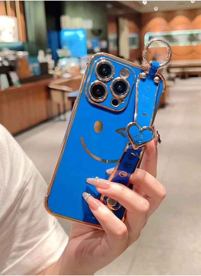 iPhone 14 Pro Max Case for Women,Bling Glitter Plating Smile Face Cover with Strap & Camera Lens Protection Soft TPU Shockproof Bumper Phone Case for iPhone 14 Pro Max (Deep Blue)