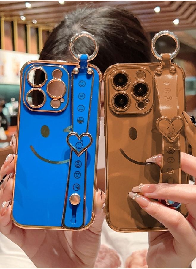 iPhone 14 Pro Max Case for Women,Bling Glitter Plating Smile Face Cover with Strap & Camera Lens Protection Soft TPU Shockproof Bumper Phone Case for iPhone 14 Pro Max (Deep Blue)
