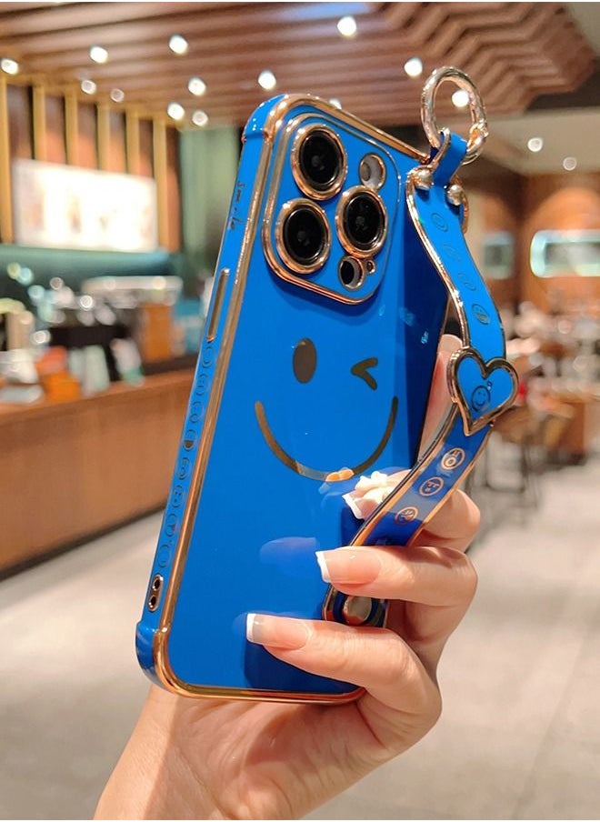 iPhone 14 Pro Max Case for Women,Bling Glitter Plating Smile Face Cover with Strap & Camera Lens Protection Soft TPU Shockproof Bumper Phone Case for iPhone 14 Pro Max (Deep Blue)
