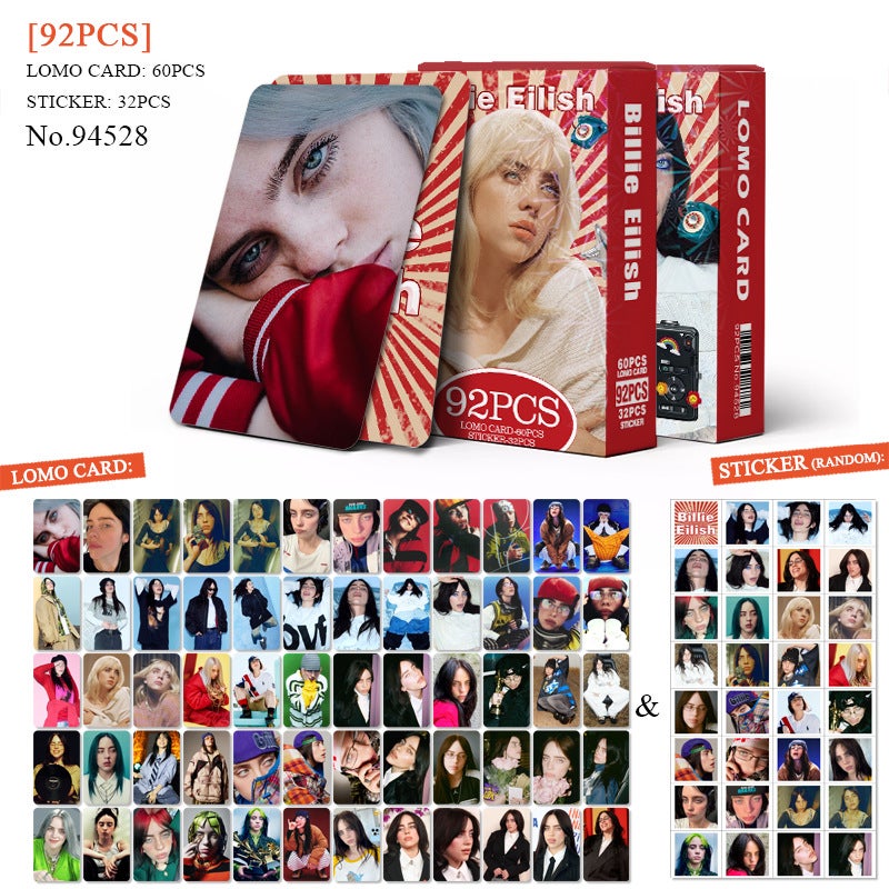 Billie Eilish Lomocard & Sticker Set – 92PCS (60 Lomocards + 32 Random Stickers) | Aesthetic Photo Card Collection for Fans
