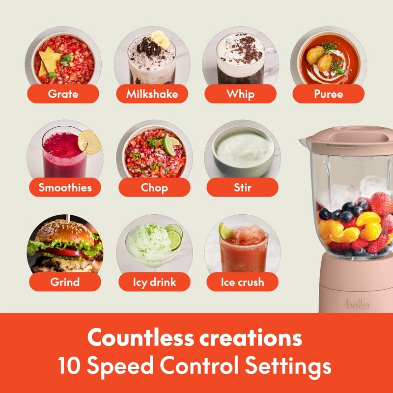 bella 10 Speed Countertop Blender, Juicer & Smoothie Maker, Fits-anywhereâ„¢ Kitchenware, Slim Flip & Store Design, Dishwasher Safe 48oz Capacity Pitcher & Lid, Stainless Steel Blade, 450 Watt, Blossom - Image 4
