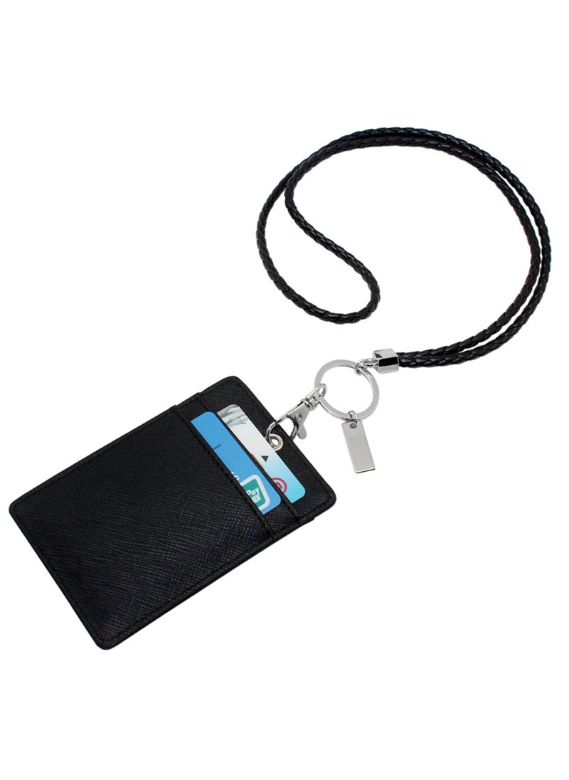 boshiho Boshiho Vertical Style Leather ID Card Badge Holder with Keychain Lanyard (Black with Keychain)  - Image 2