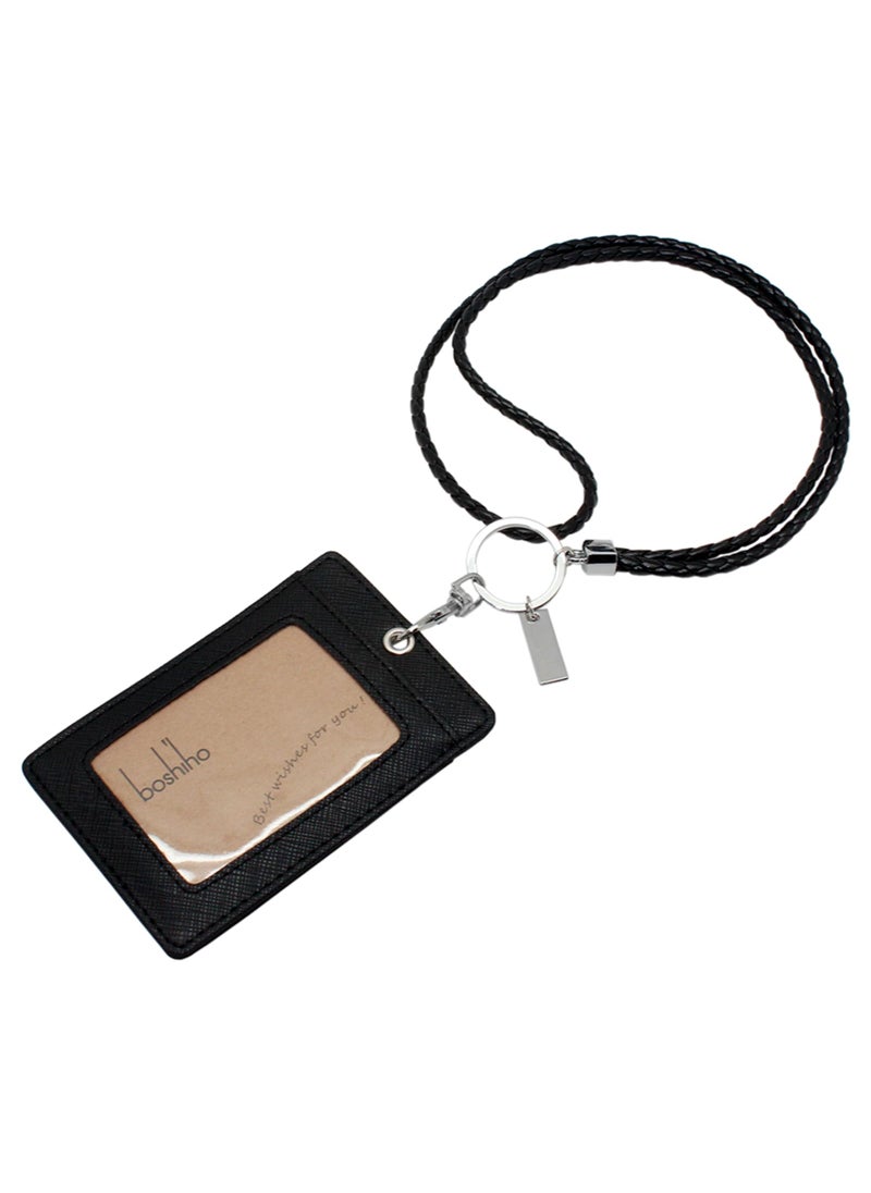 boshiho Boshiho Vertical Style Leather ID Card Badge Holder with Keychain Lanyard (Black with Keychain)  - Image 3