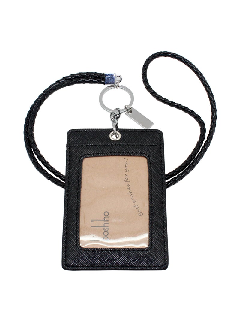 boshiho Boshiho Vertical Style Leather ID Card Badge Holder with Keychain Lanyard (Black with Keychain)  - Image 1