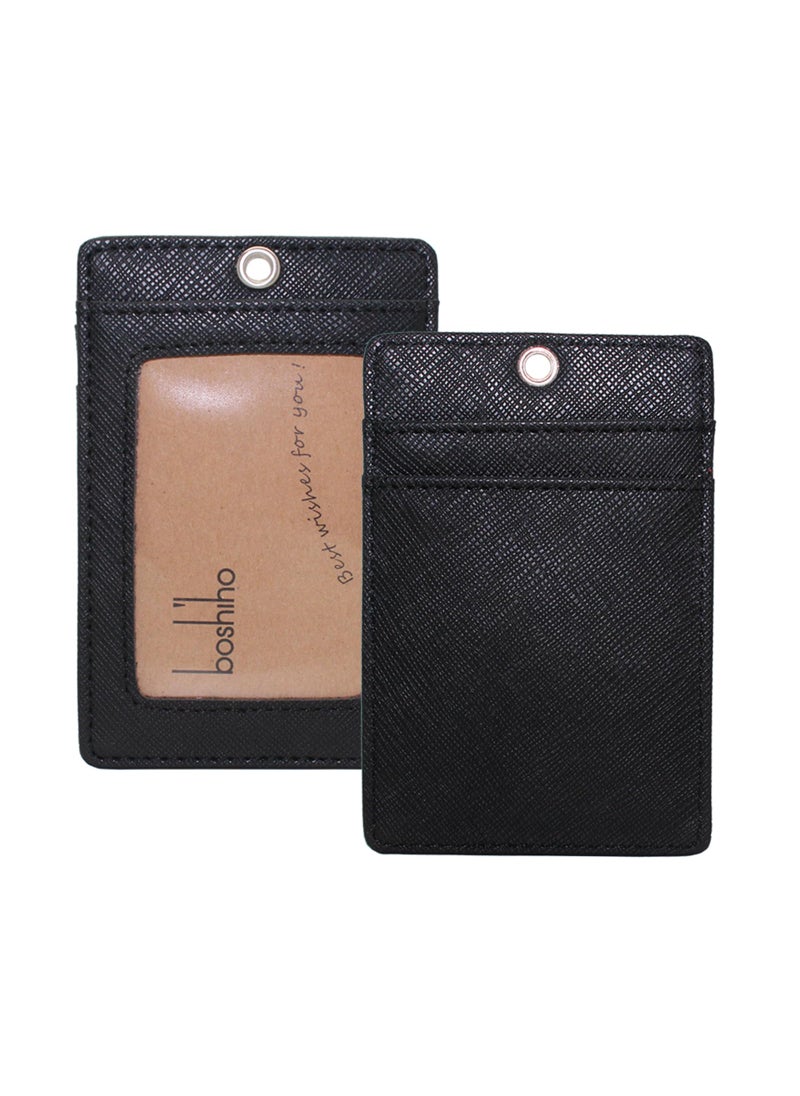 boshiho Boshiho Vertical Style Leather ID Card Badge Holder with Keychain Lanyard (Black with Keychain)  - Image 4