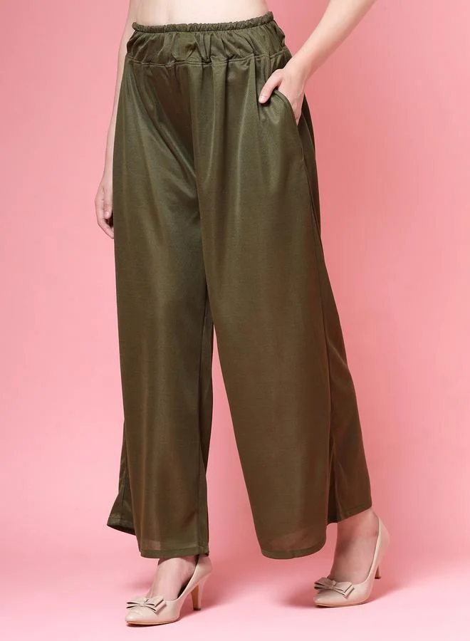بوز PAUSE Women Olive Solid High Rise Wide Leg Pants