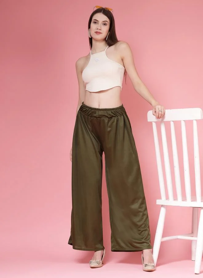 PAUSE PAUSE Women Olive Solid High Rise Wide Leg Pants