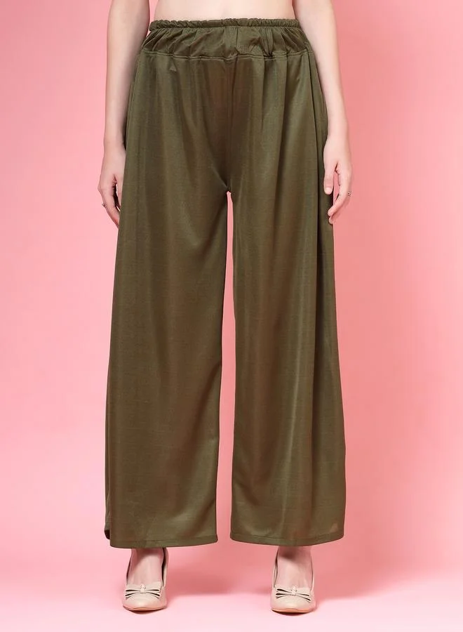 بوز PAUSE Women Olive Solid High Rise Wide Leg Pants