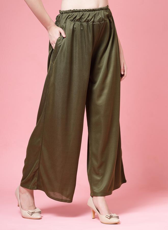 PAUSE PAUSE Women Olive Solid High Rise Wide Leg Pants - Image 3