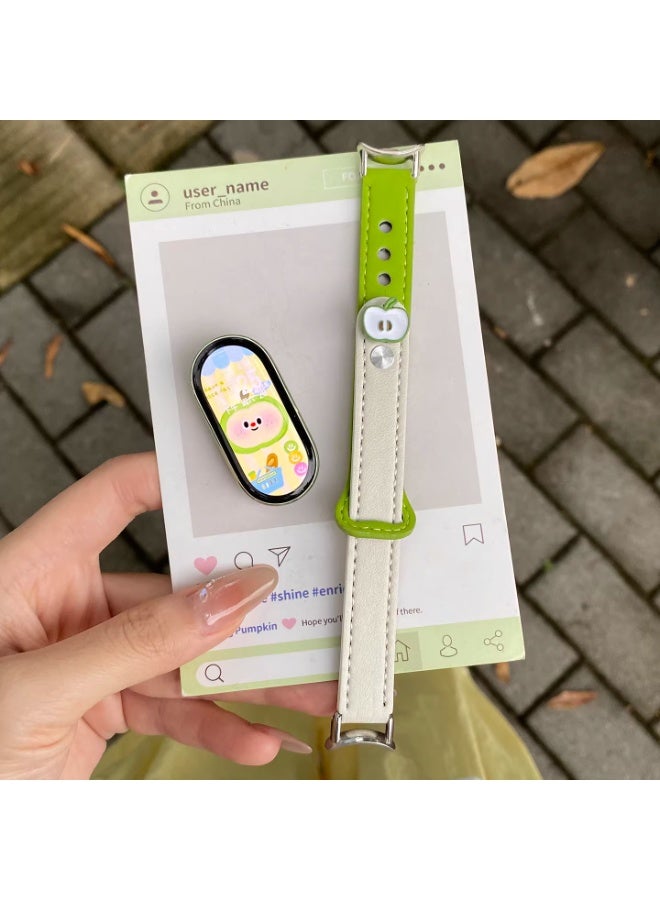 OLYSON Leather strap compatible with Xiaomi Band 10/Band 9/Band 8 soft adjustable strap - Green Apple color blocked thin strap, suitable for summer and women (light green and white) - Image 1