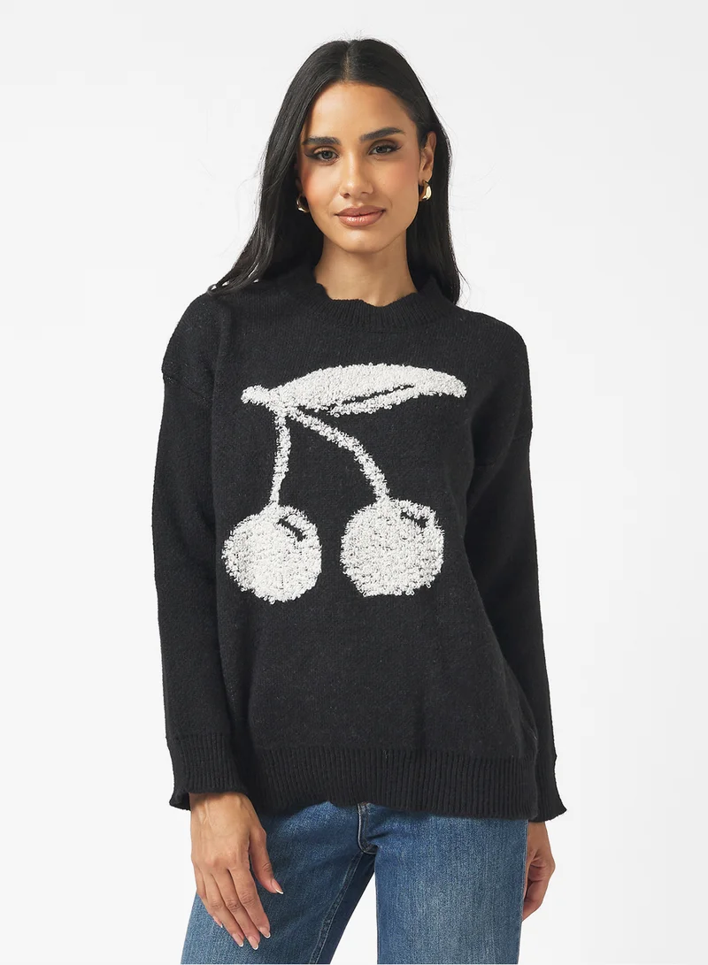 جينجر Cherry Detaol Crew Neck Sweater