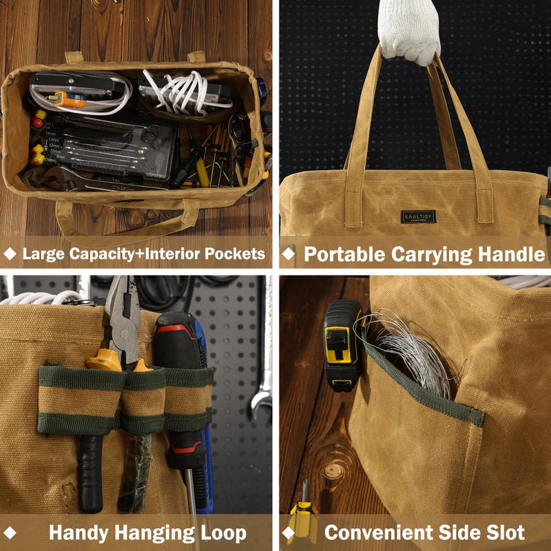 Kaaltisy Open Top Tool Bag, Heavy Duty 16oz Waxed Canvas Tool Bag with Inside Pockets & Sturdy Handles - for Gardner Carpenter Craftsman - Tool Tote Bag Pouch | 15"Lx7"Wx10"H | Khaki - Image 5