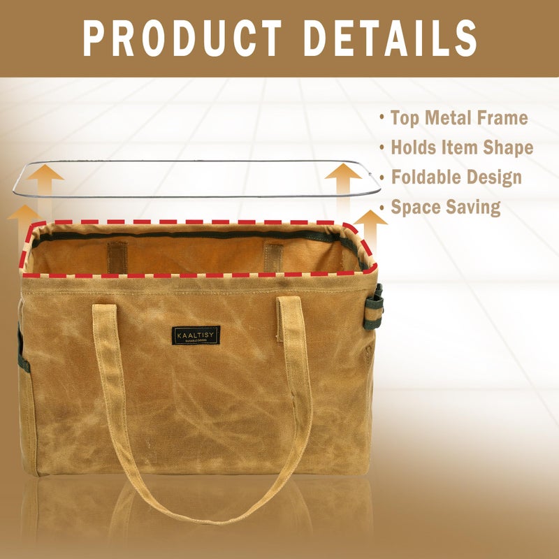 Kaaltisy Open Top Tool Bag, Heavy Duty 16oz Waxed Canvas Tool Bag with Inside Pockets & Sturdy Handles - for Gardner Carpenter Craftsman - Tool Tote Bag Pouch | 15"Lx7"Wx10"H | Khaki - Image 4