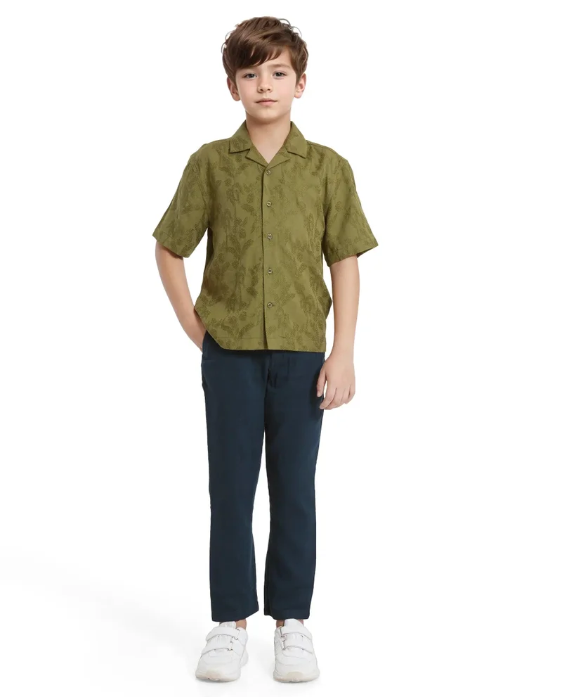 رير ونز Rare Ones Kids Xylo Olive Cotton Blend Half Sleeve Jacquard Boxy Fit Shirt