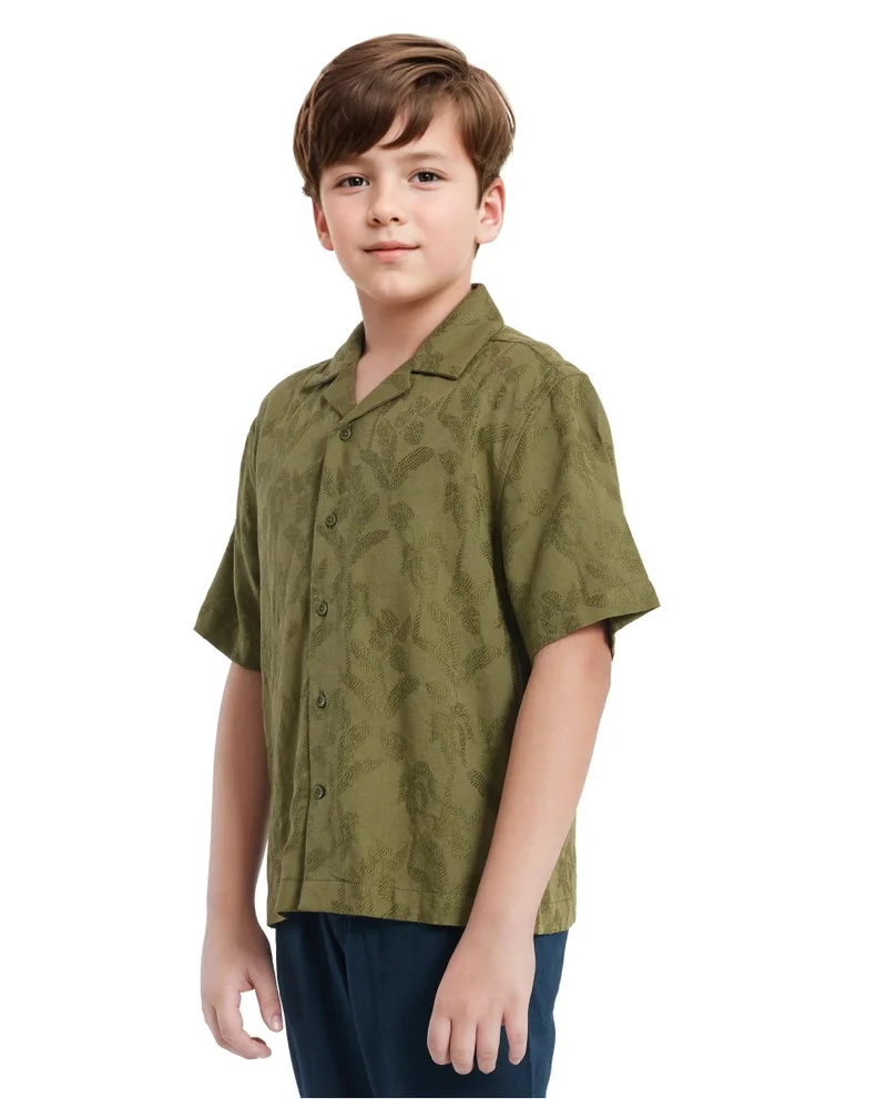Rare Ones Rare Ones Kids Xylo Olive Cotton Blend Half Sleeve Jacquard Boxy Fit Shirt