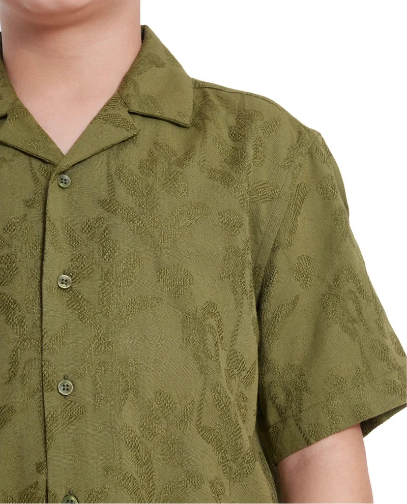 Rare Ones Rare Ones Kids Xylo Olive Cotton Blend Half Sleeve Jacquard Boxy Fit Shirt