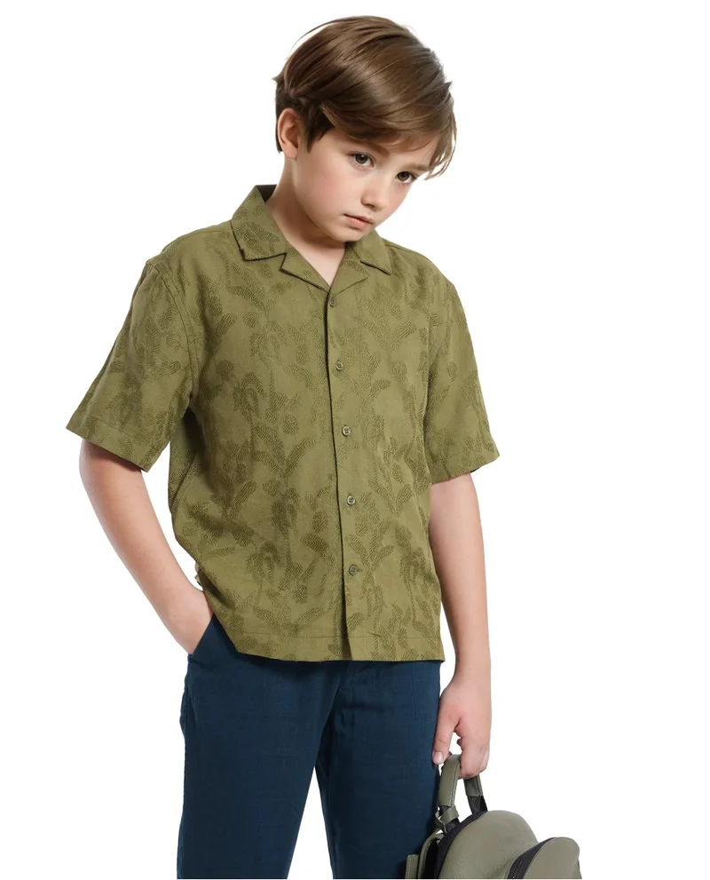 رير ونز Rare Ones Kids Xylo Olive Cotton Blend Half Sleeve Jacquard Boxy Fit Shirt