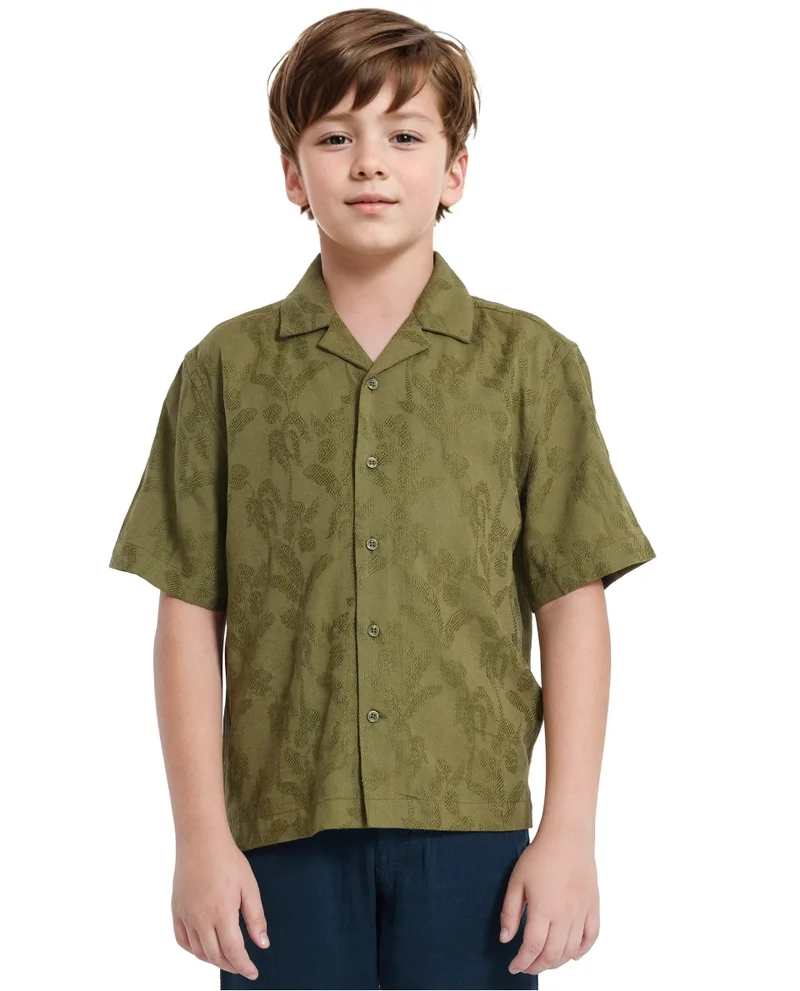 Rare Ones Rare Ones Kids Xylo Olive Cotton Blend Half Sleeve Jacquard Boxy Fit Shirt