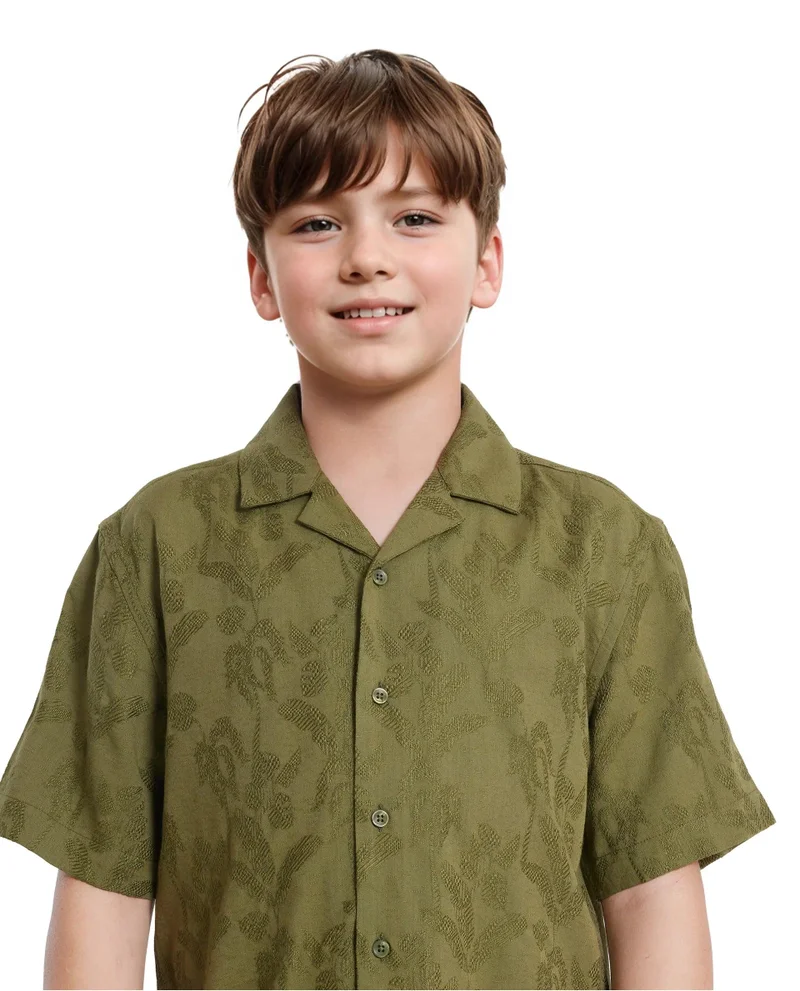 Rare Ones Rare Ones Kids Xylo Olive Cotton Blend Half Sleeve Jacquard Boxy Fit Shirt
