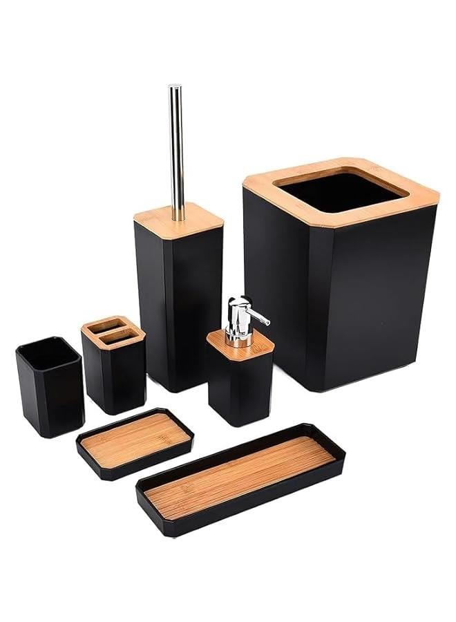 MIXDE 7Pcs Black Bathroom Accessories Set, Bamboo Bathroom Decor Set, Toothbrush Holder Set, Lotion Soap Dispenser Soap Box Trash Bin Kit - Image 1