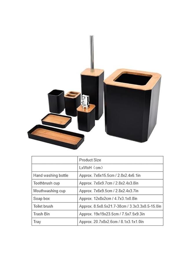 MIXDE 7Pcs Black Bathroom Accessories Set, Bamboo Bathroom Decor Set, Toothbrush Holder Set, Lotion Soap Dispenser Soap Box Trash Bin Kit - Image 2