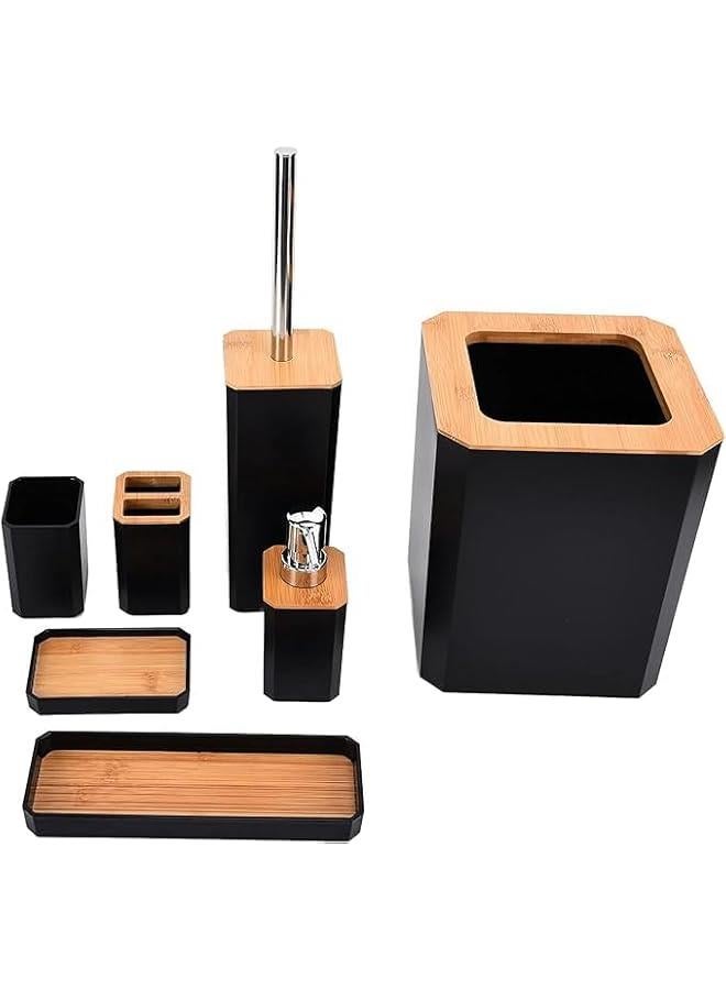 MIXDE 7Pcs Black Bathroom Accessories Set, Bamboo Bathroom Decor Set, Toothbrush Holder Set, Lotion Soap Dispenser Soap Box Trash Bin Kit - Image 3