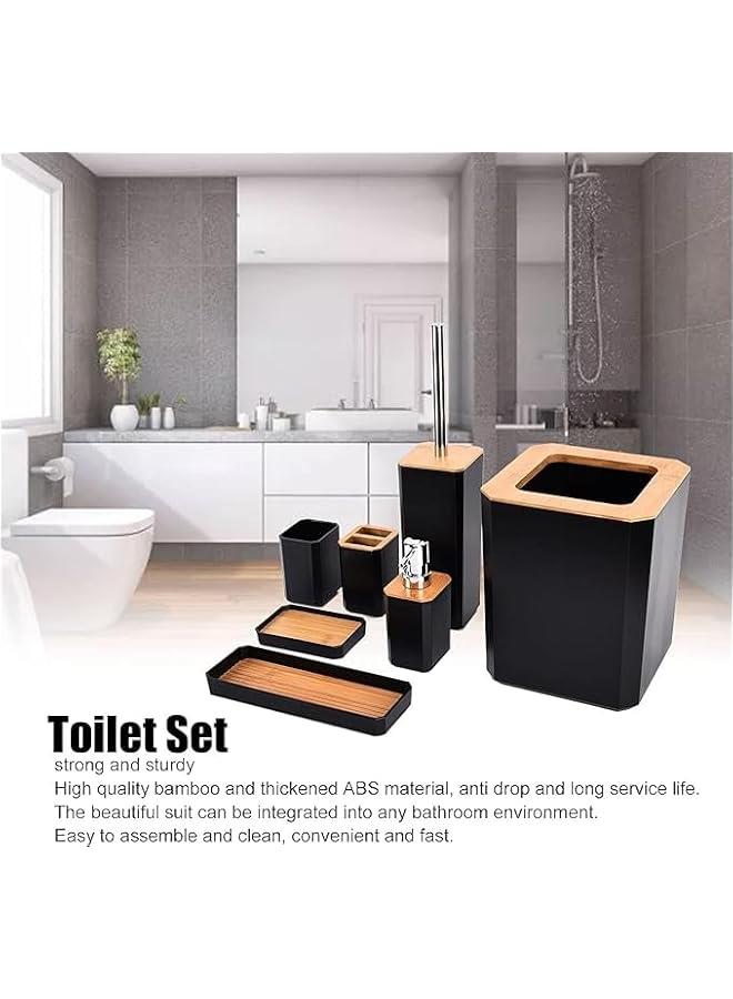 MIXDE 7Pcs Black Bathroom Accessories Set, Bamboo Bathroom Decor Set, Toothbrush Holder Set, Lotion Soap Dispenser Soap Box Trash Bin Kit - Image 5