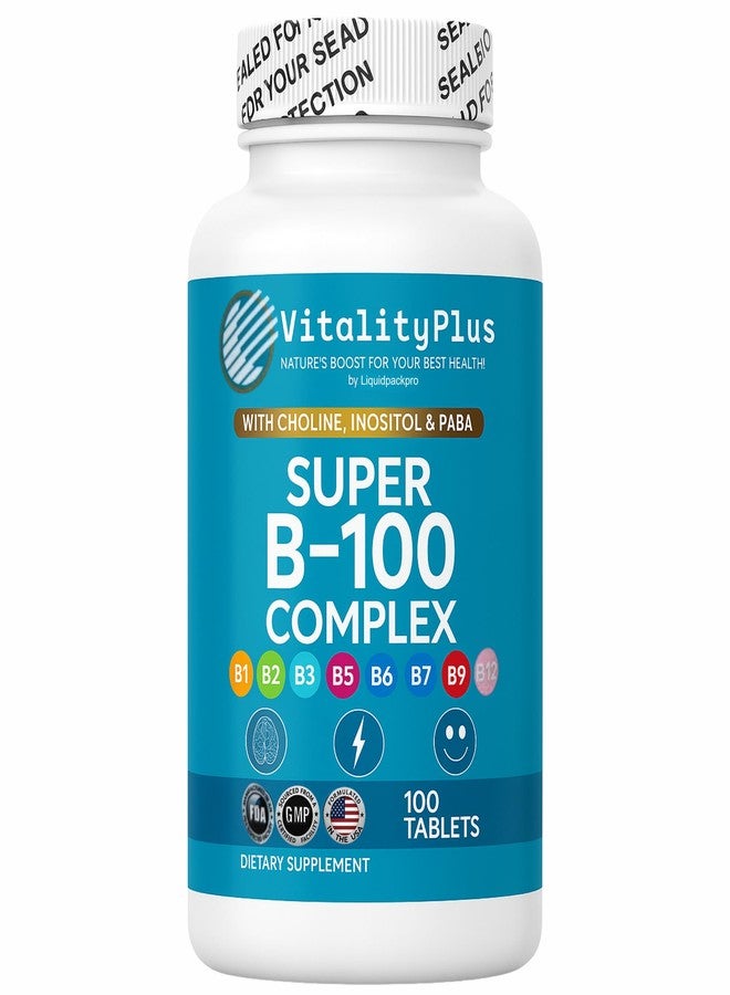 LIQUIDPACKPRO Super B-100 Complex – All B Vitamins Including B12, B1, B2, B3, B5, B6, B7, B9, Folate – High Potency B-Vitamins with Choline, Inositol & PABA – Energy & Metabolism Support – 100 Tablets - Image 1