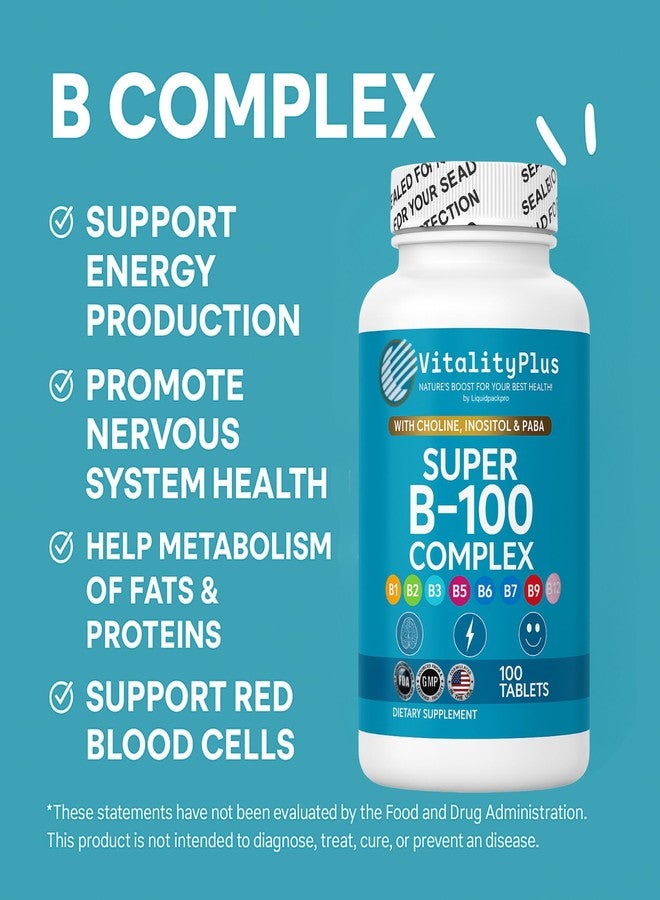 LIQUIDPACKPRO Super B-100 Complex – All B Vitamins Including B12, B1, B2, B3, B5, B6, B7, B9, Folate – High Potency B-Vitamins with Choline, Inositol & PABA – Energy & Metabolism Support – 100 Tablets - Image 2