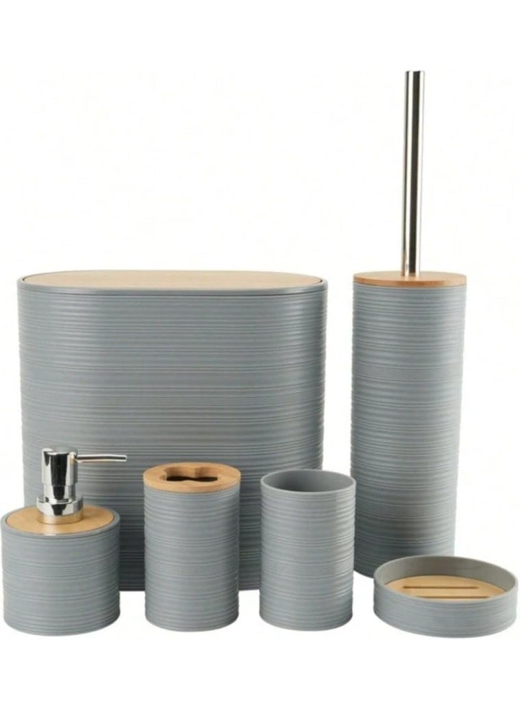 KITCHEN HERO Modern 6-Piece Elegant Bathroom Accessory Set – Includes Toilet Brush, Soap Dispenser, Waste Bin, Toothbrush Holder, Tumbler, and Soap Dish – Textured Design with Bamboo Lids (Grey) - Image 3