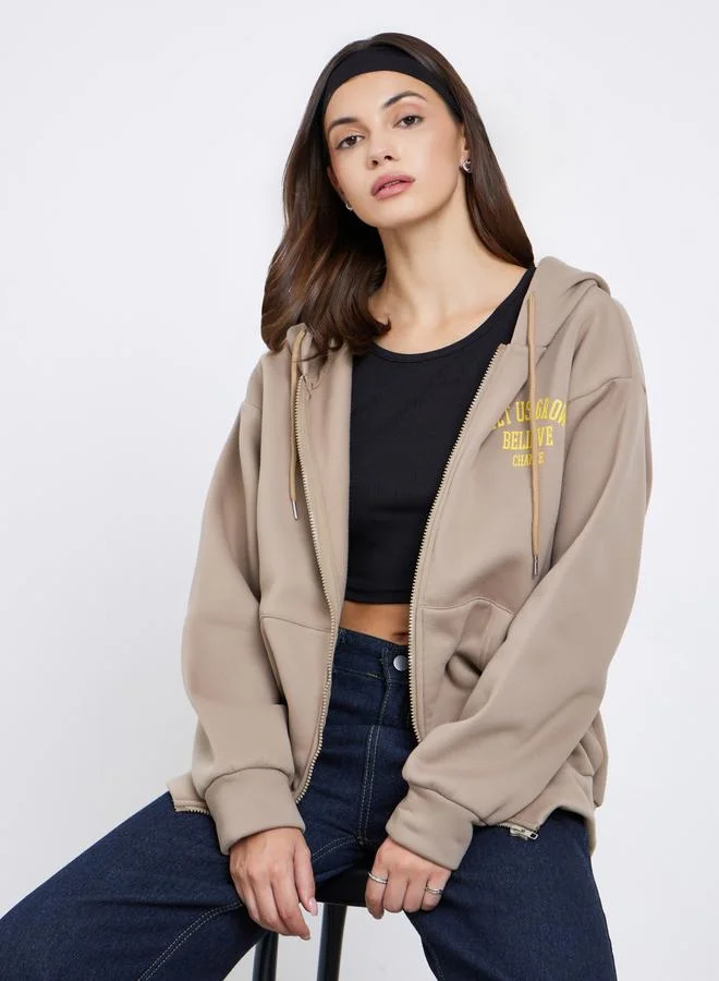 Take Two Take Two Women Brown Graphic Print Hooded Jacket