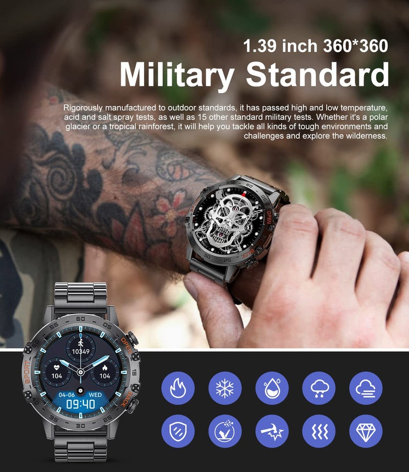 SUNKTA Military Smart Watch for Men(Answer/Dial Calls),5ATM Waterproof Fitness Watch,100 Sports Modes, with Blood Pressure/Heart Rate/SpO2 for Android/iOS,1.39''HD DIY Screen Smart Watch - Image 2
