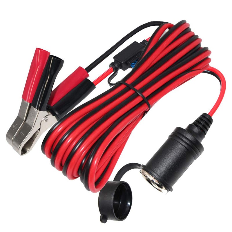 SPARKING 12FT 12V Female Car Socket Extension Cord with Battery Alligator Clips Car Battery Clipon Extension Cable 15A Fuse 12FT