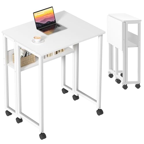 GreenForest Folding Desk White Desk with Storage Shelf Small Size Foldable Computer Desk with Wheels Small Desk for Small Space Easy Assembly Pure White
