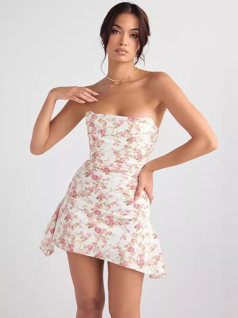 French Off-Shoulder Small Fishbone Shaped Dress Floral Slim Ins Tube Top Short Skirt - Image 5