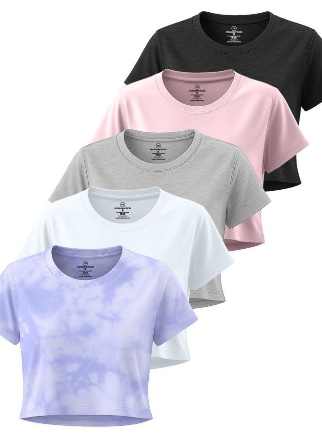 REALESSENTIALS 5 Pack: Womens Crop Top High Waist Quick Dry Fit Active Wear Yoga Workout Athletic Running Gym Exercise Ladies Short Sleeve Crew Neck Moisture Wicking Tees T-Shirt Summer - Set 6, M - Image 1