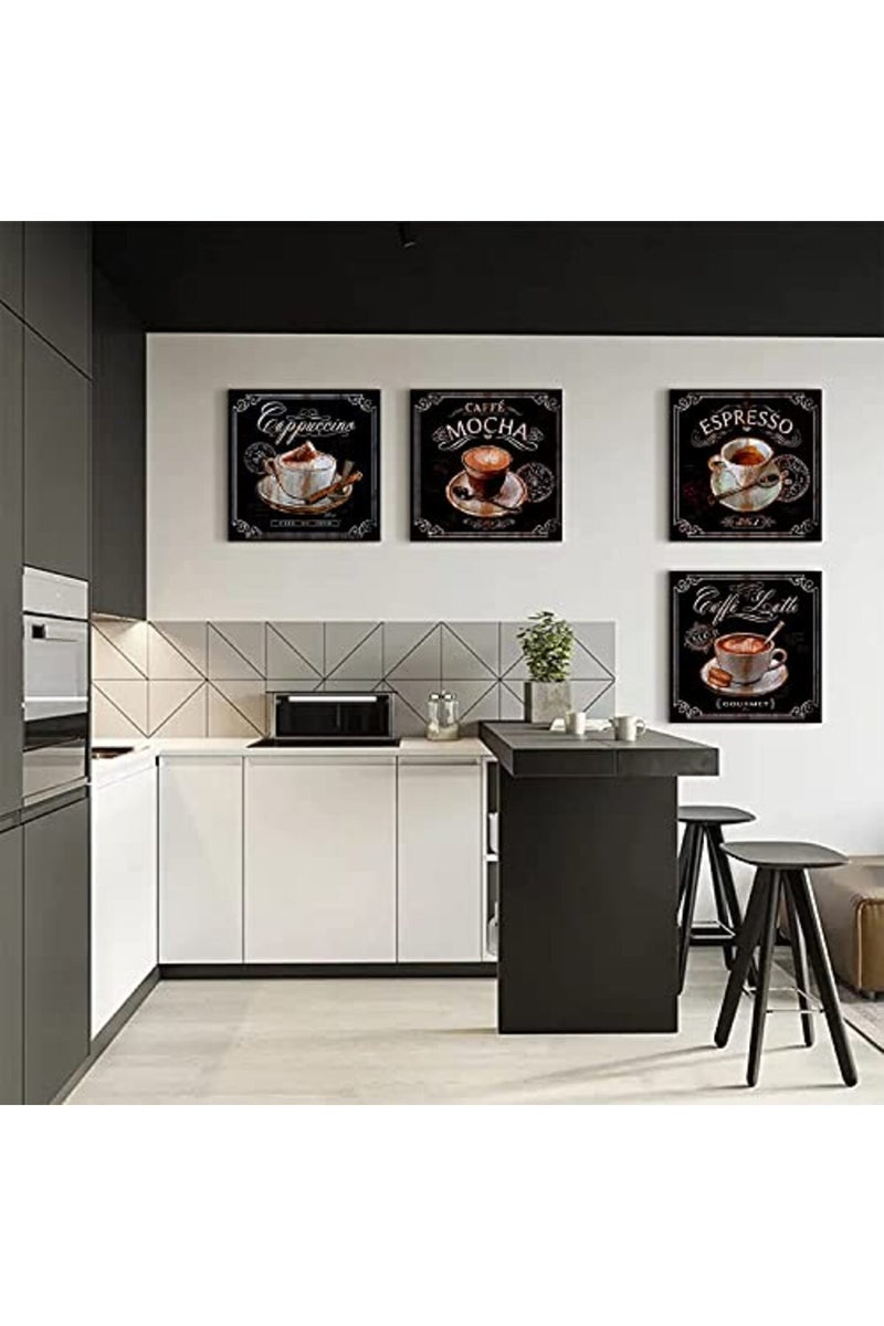 sunfrower Coffee Wall Art Coffee Bar Decor Vintage Black Cafe Canvas Pictures for Kitchen Decor Coffee Wall Decorations Painting Dining Room Restaurant Accessories Mocha Latte Prints Poster Artwork 12x12" 4 Pcs - Image 2