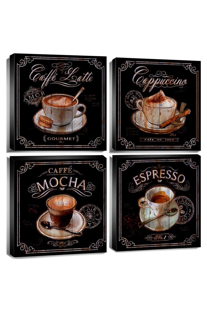 sunfrower Coffee Wall Art Coffee Bar Decor Vintage Black Cafe Canvas Pictures for Kitchen Decor Coffee Wall Decorations Painting Dining Room Restaurant Accessories Mocha Latte Prints Poster Artwork 12x12" 4 Pcs - Image 1