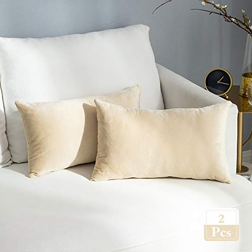 Stellhome Pack of 2 Super Soft Throw Pillow Covers Rectangle Solid Velvet Pillowcase for Bed Couch Sofa Bench, 12 x 20 inch (30 x 50 cm), Beige - Image 1
