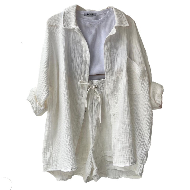 2023 European and American Solid Color Womens Fashion Casual Two-piece Cotton and Linen Lapel Long Sleeve Shirt High Waist Drawstring Shorts Khaki - Image 5