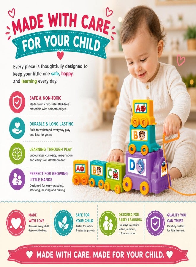 Toymate Trainzy Fun Express Learning Train Set for Kids 12M+ | 4-Piece Stack, Nest & Pull Along Toy | Alphabet, Number & Animal Educational Train for Toddlers Boys & Girls - Image 5