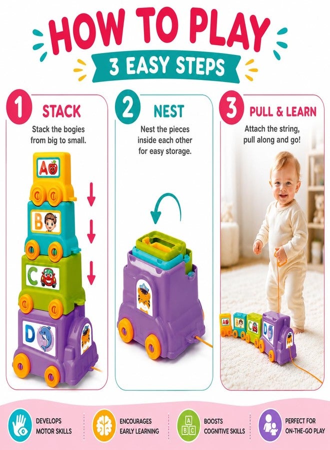 Toymate Trainzy Fun Express Learning Train Set for Kids 12M+ | 4-Piece Stack, Nest & Pull Along Toy | Alphabet, Number & Animal Educational Train for Toddlers Boys & Girls - Image 2
