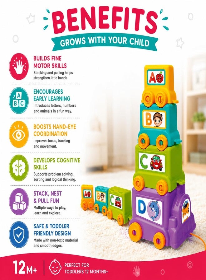 Toymate Trainzy Fun Express Learning Train Set for Kids 12M+ | 4-Piece Stack, Nest & Pull Along Toy | Alphabet, Number & Animal Educational Train for Toddlers Boys & Girls - Image 3