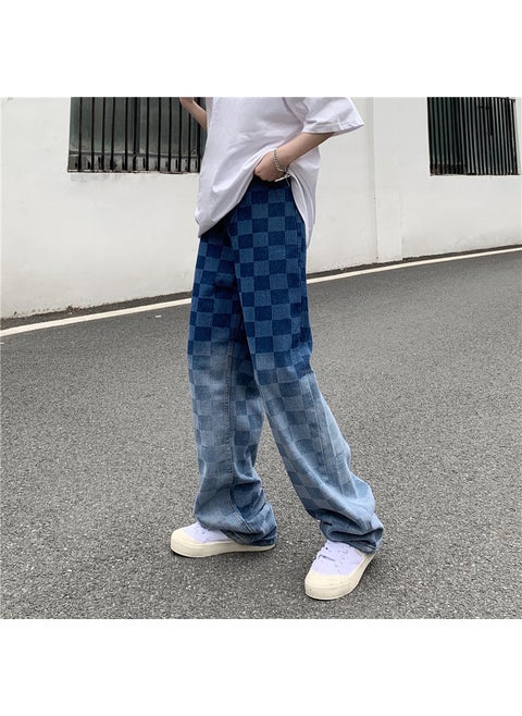 Trendy Jeans Checkerboard Casual Straight-leg Wide-leg Versatile Loose-fit Trousers New Spring Autumn Collection Blue