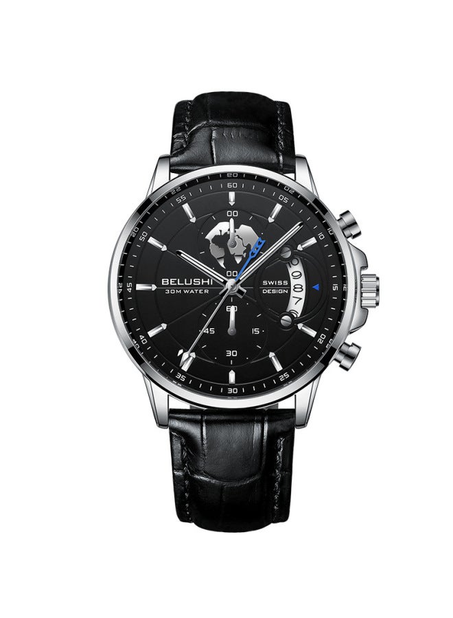 Belushi New Fashion Business Three-eye Chronograph Genuine Leather Luminous Watch Steel Band Personalized Luxury Watch For Men