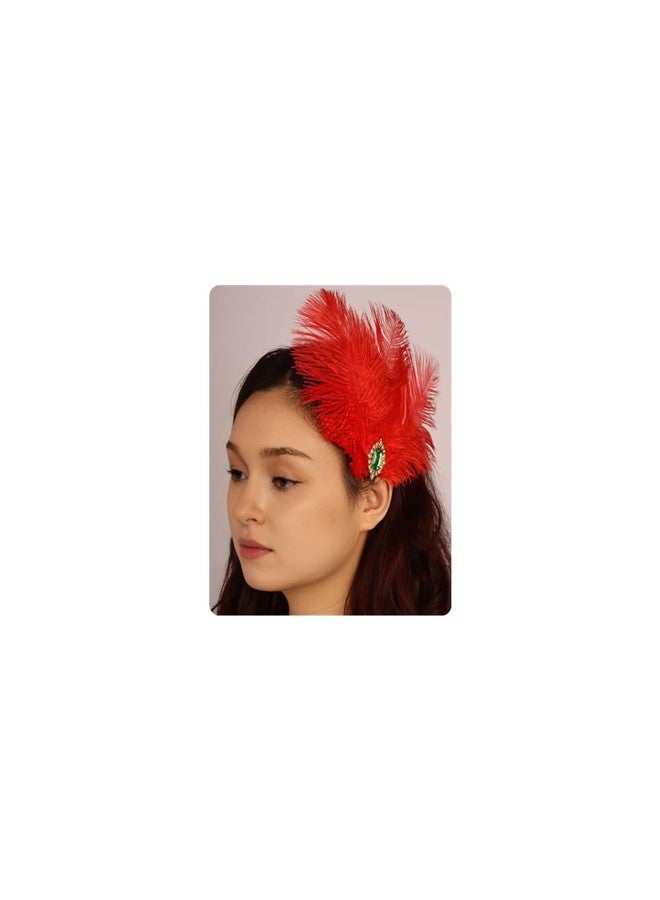 Aimimier Bridal 1920s Flapper Red Feather Clip with Green Crystal Roaring 20s Feather Headpiece Prom Party Festival Hair Accessories for Women (Red) - Image 1