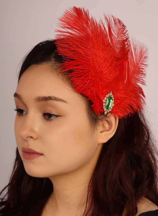 Aimimier Bridal 1920s Flapper Red Feather Clip with Green Crystal Roaring 20s Feather Headpiece Prom Party Festival Hair Accessories for Women (Red) - Image 2