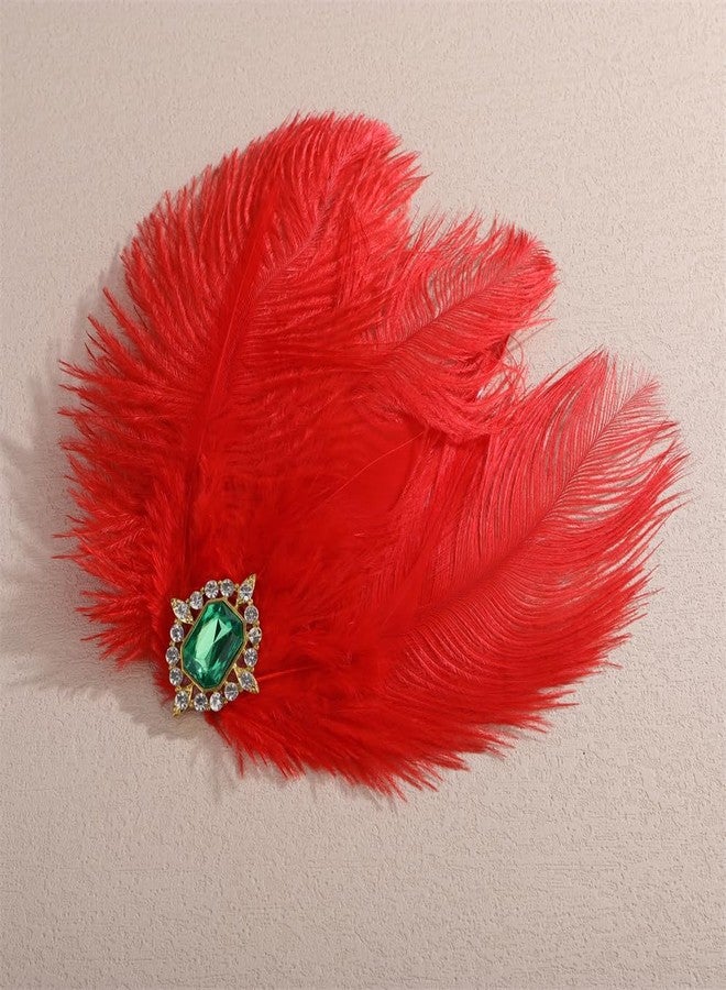 Aimimier Bridal 1920s Flapper Red Feather Clip with Green Crystal Roaring 20s Feather Headpiece Prom Party Festival Hair Accessories for Women (Red) - Image 4