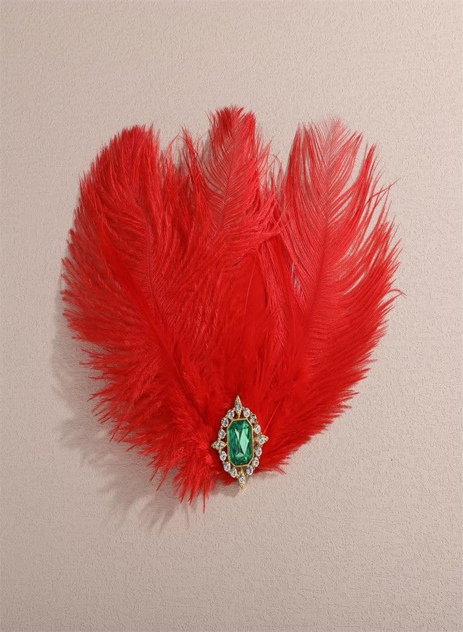 Aimimier Bridal 1920s Flapper Red Feather Clip with Green Crystal Roaring 20s Feather Headpiece Prom Party Festival Hair Accessories for Women (Red) - Image 3